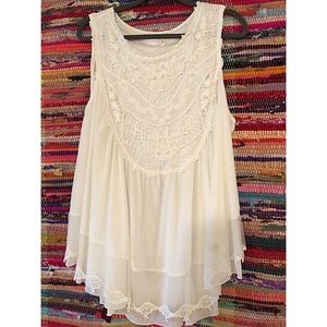 White tank, flowy, lace, pearl embellishments